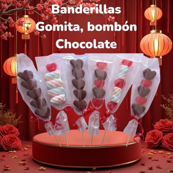 Banderillas de gomitas y  Bombones de chocolate