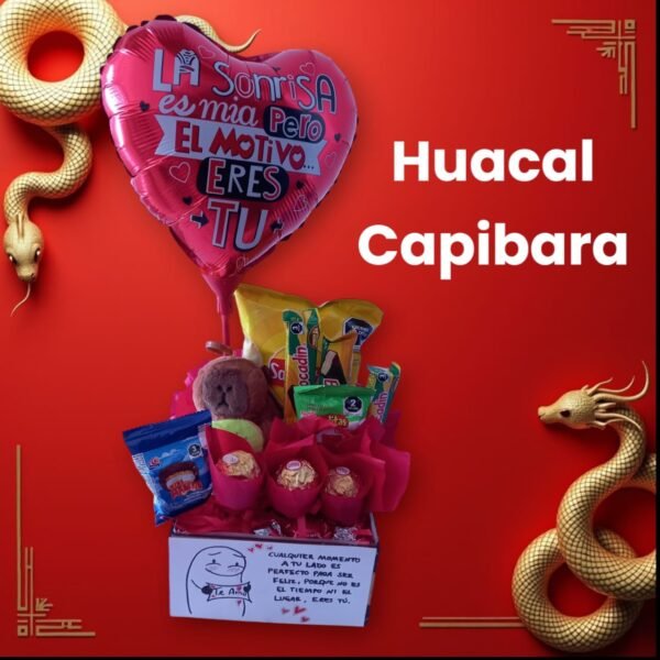 Arreglo Huacal con chocolates Ferrero y peluche Capibara